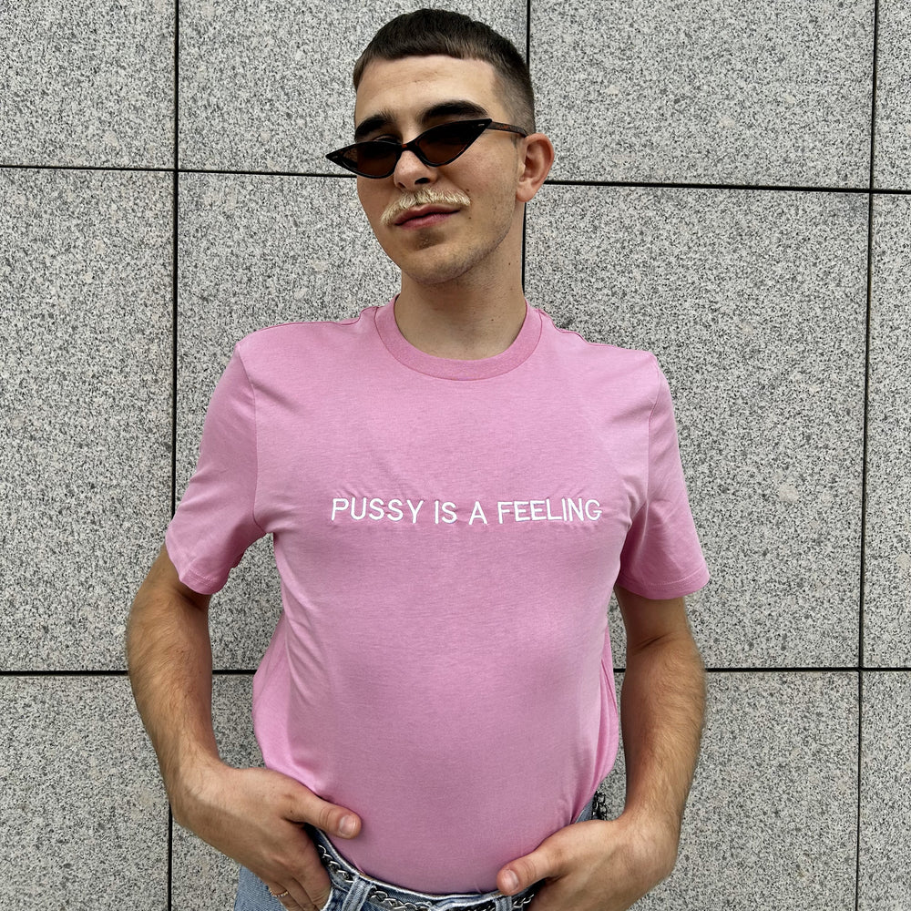 PUSSY IS A FEELING BUBBLEGUM PINK T-SHIRT WITH EMBROIDERED SIGN